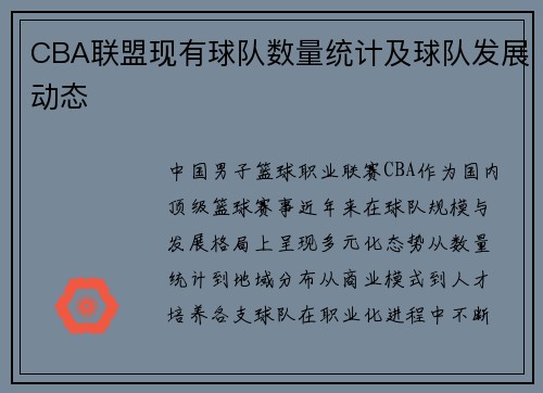 CBA联盟现有球队数量统计及球队发展动态