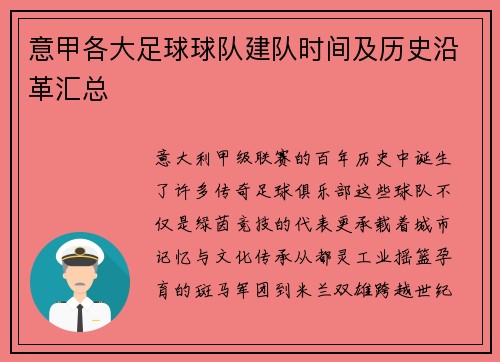 意甲各大足球球队建队时间及历史沿革汇总