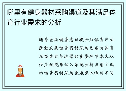 哪里有健身器材采购渠道及其满足体育行业需求的分析