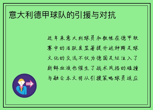 意大利德甲球队的引援与对抗